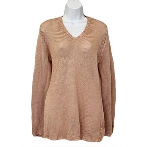 J. McLaughlin Tan Open Weave Linen-Blend V-Neck Sweater, Size M